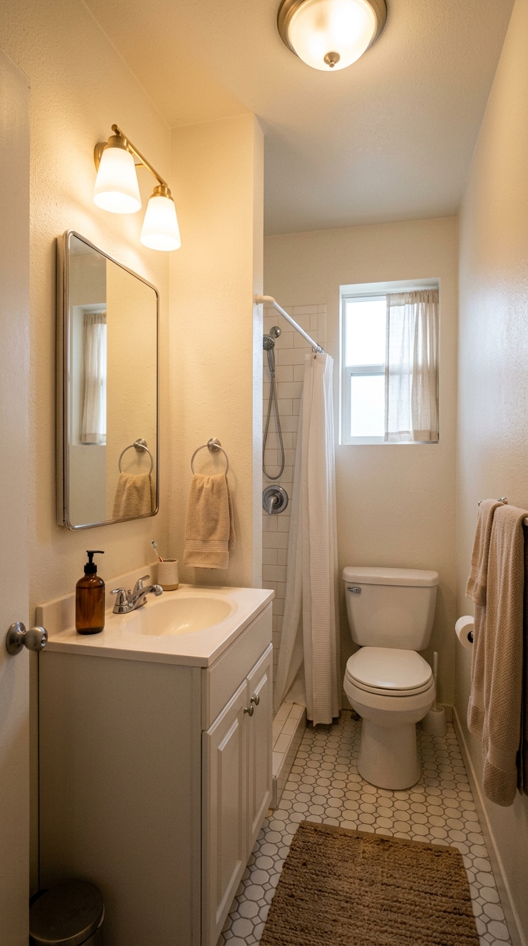 A warm vanity wall sconce casting soft light over a mirror and sink in a compact, cozy bathroom.