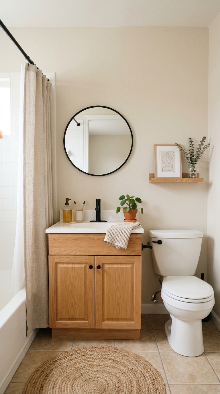 How to decorate a small bathroom without clutter featuring a warm wood vanity, round mirror, and neutral shower curtain.