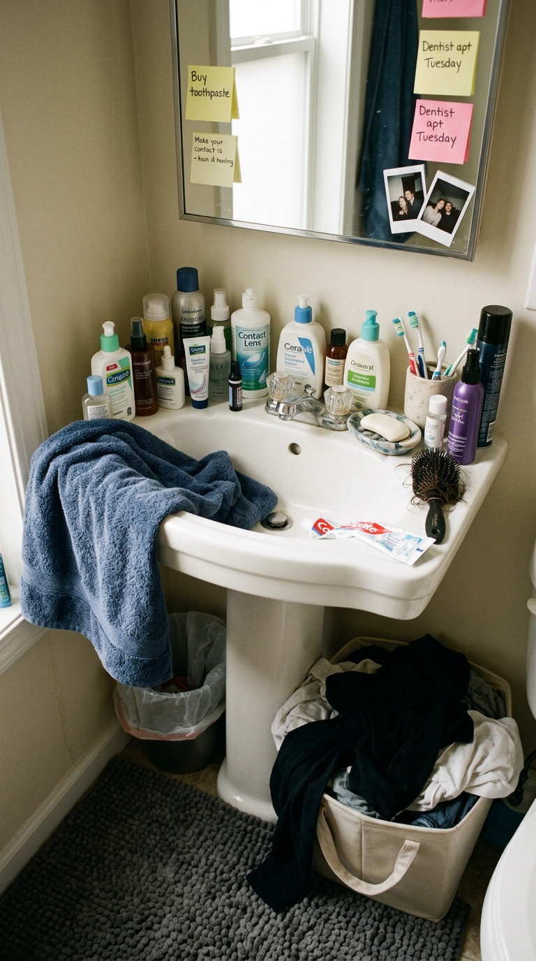 Visual clutter and excessive toiletries crowded onto a small bathroom sink demonstrating what not to do when decorating a small space.