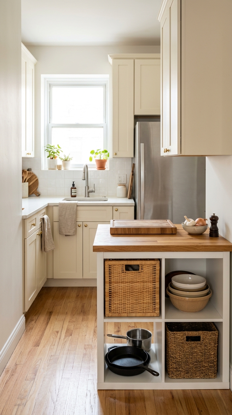 White 2x2 IKEA KALLAX with an oak butcher block countertop used as a food prep island in a small apartment kitchen