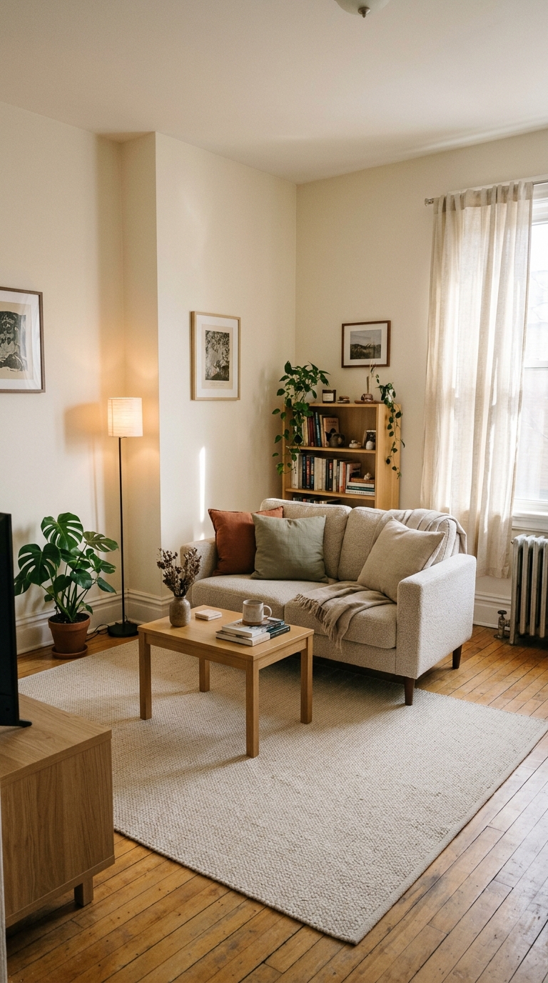 Small rental living room with compact furniture, practical lighting and space-saving storage.