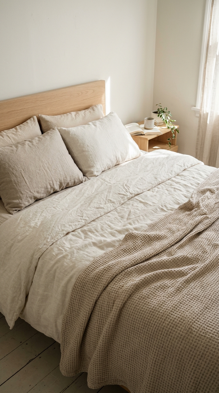 Neatly made bed layered with breathable cream linen duvet and textured waffle throw blanket.
