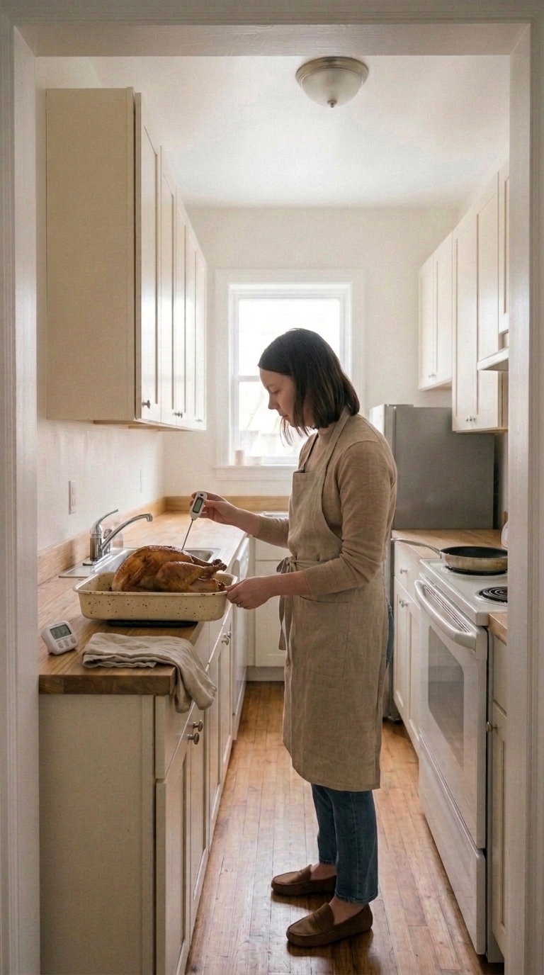A woman using a digital probe thermometer to check the internal temperature of a roasted Thanksgiving turkey on a small kitchen counter.