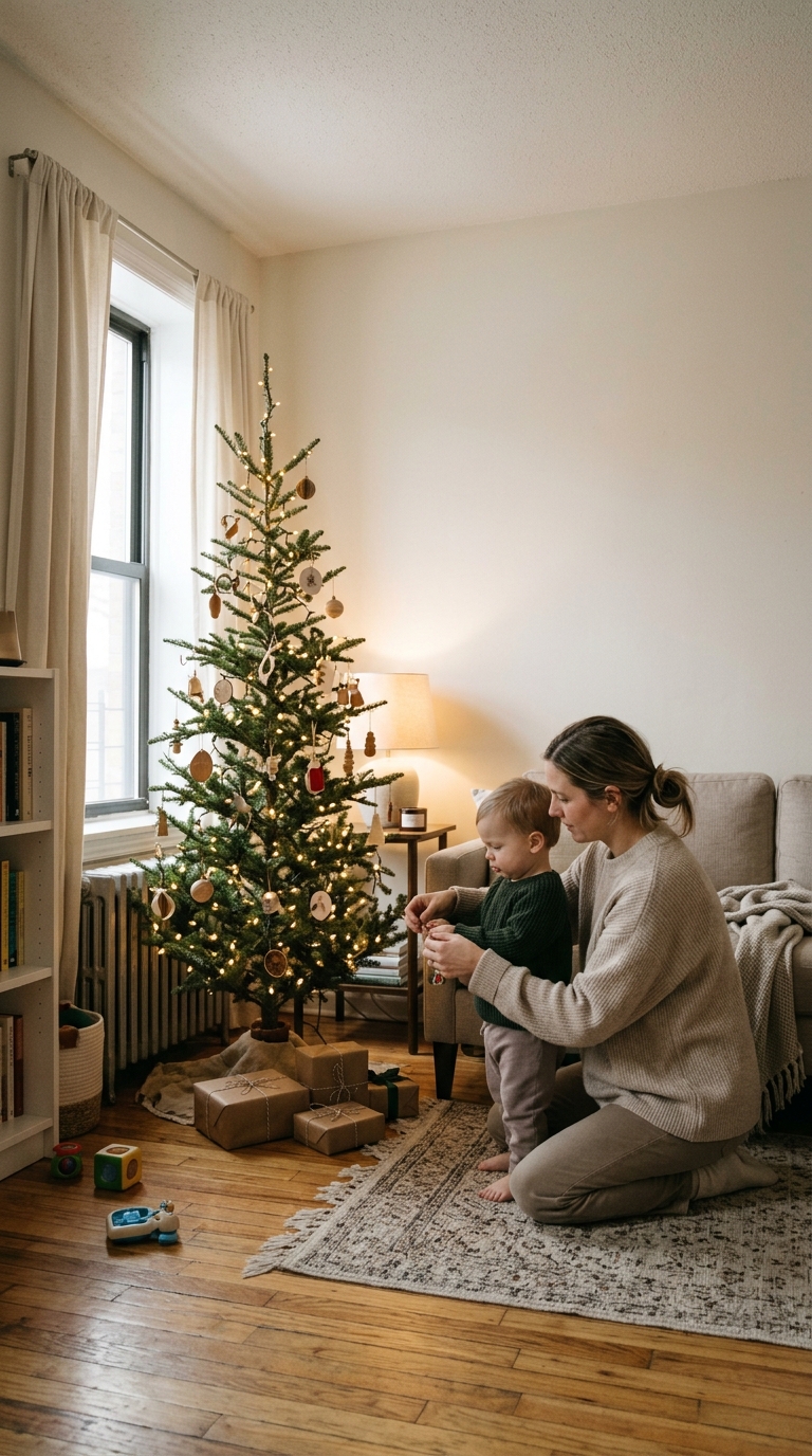 Cozy small living room decorated for Christmas with a slim tree, warm lights, and clear walking space.
