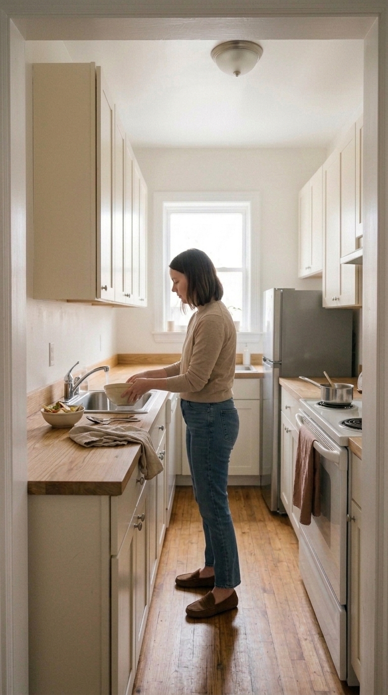 A woman washing prep bowls and utensils at the kitchen sink to keep counters clear during Thanksgiving dinner preparation.