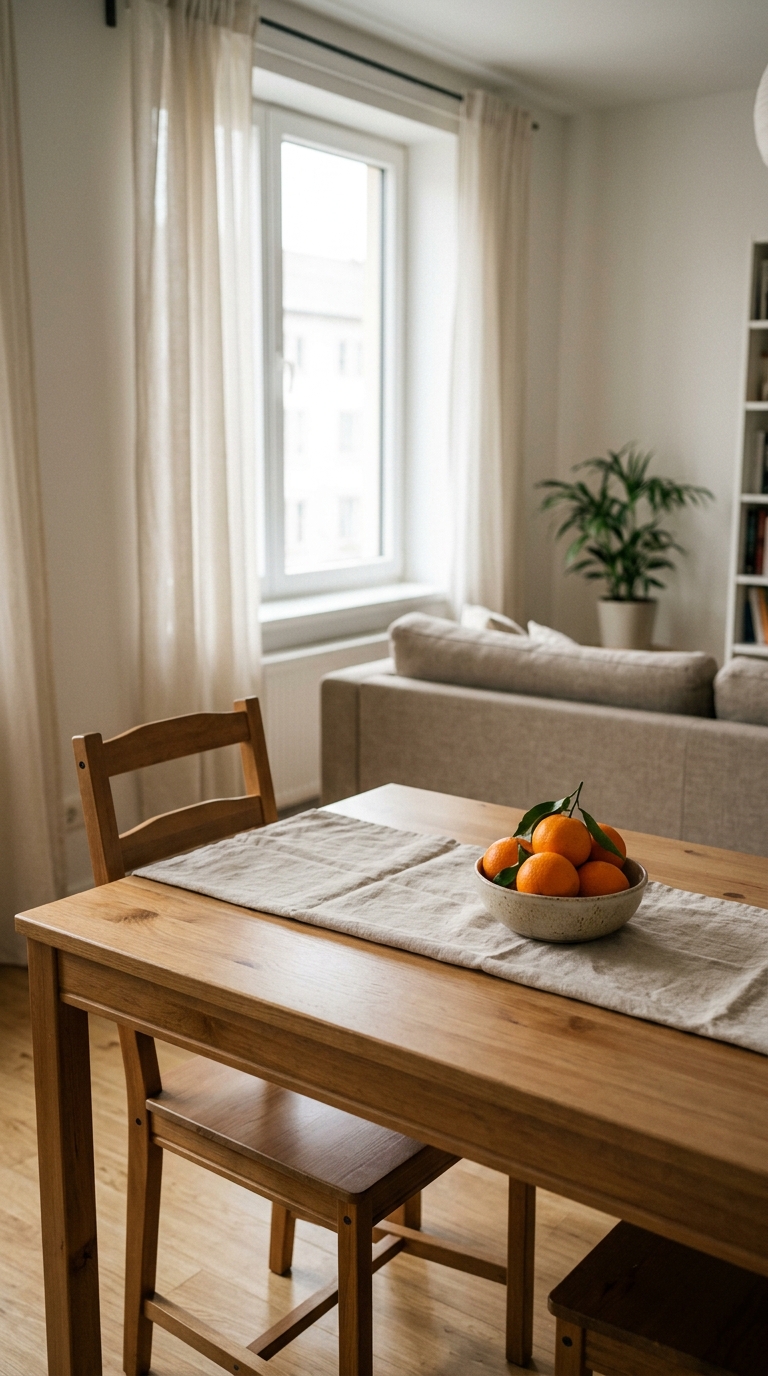 A completely cleared wooden dining table with a linen runner and a bowl of citrus in a small apartment