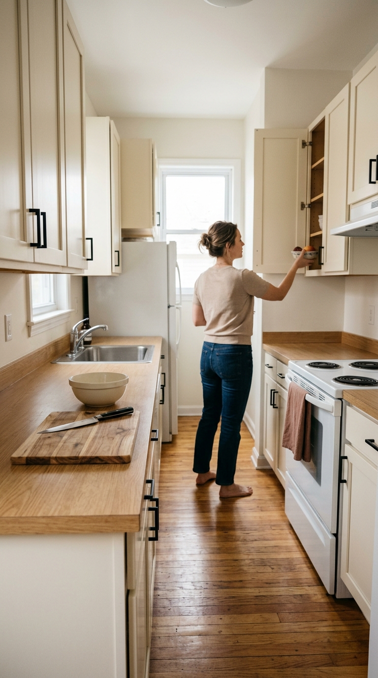 A woman putting away kitchen items into upper cabinets to create clear counter space for holiday cooking in a small apartment kitchen.