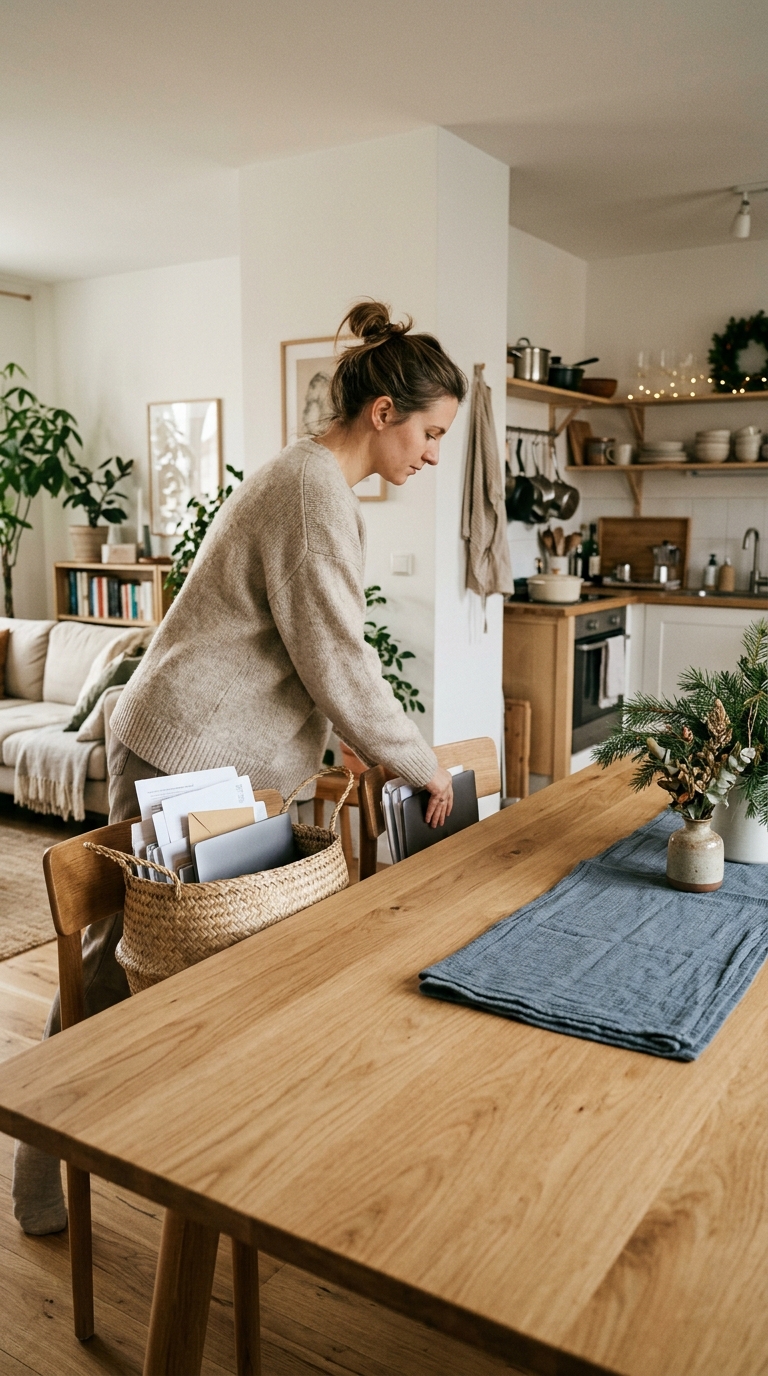 Clearing everyday table clutter into a woven basket before setting up Hanukkah decor in a compact dining area