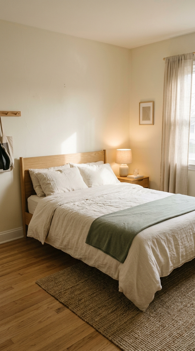 A simple, cozy small guest room with neutral bedding, a folded green throw blanket, clean side table with a lamp, and sheer window curtains.