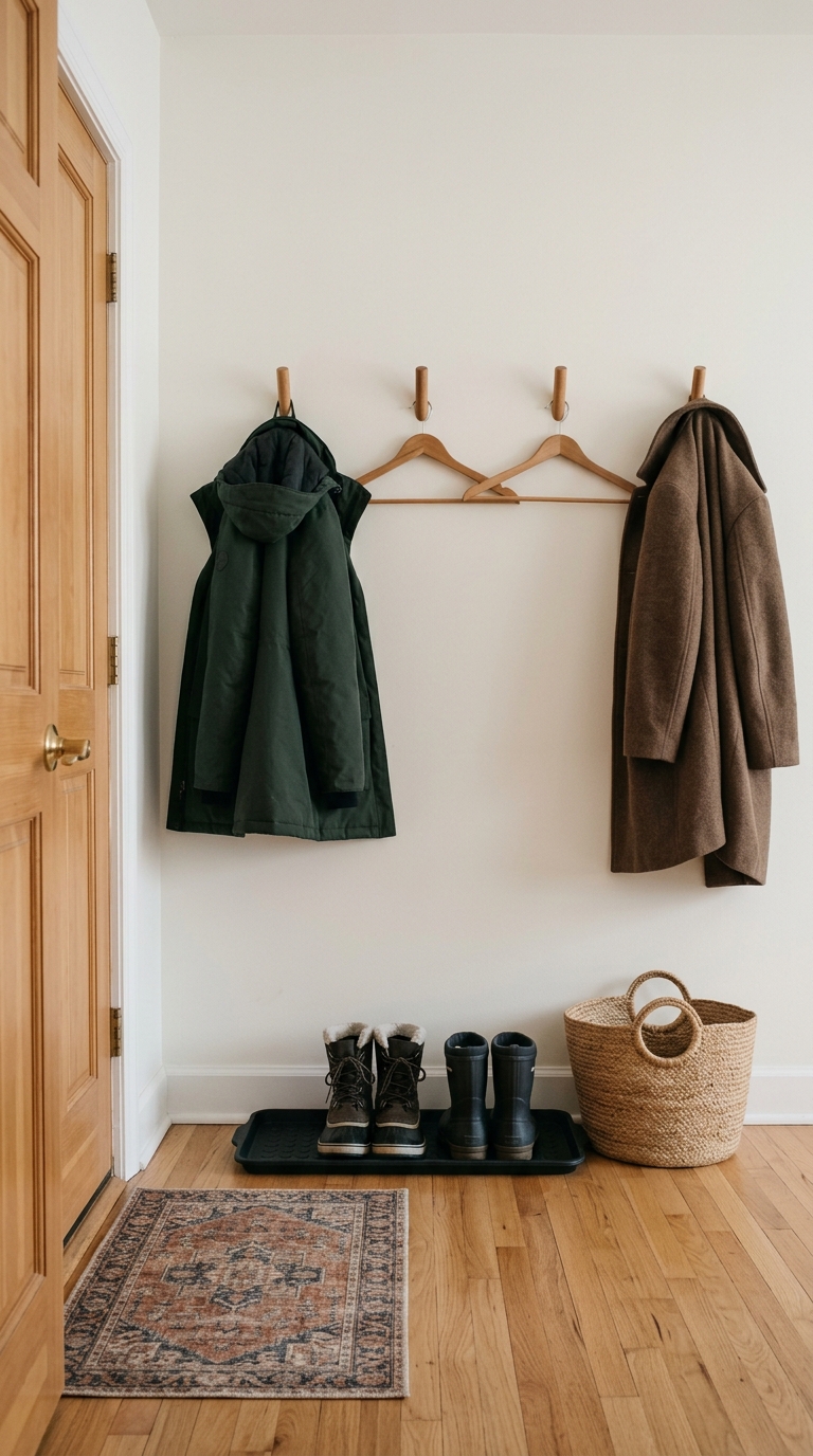 Compact apartment entryway with coat hooks, empty hangers, and a boot tray ready for holiday guests