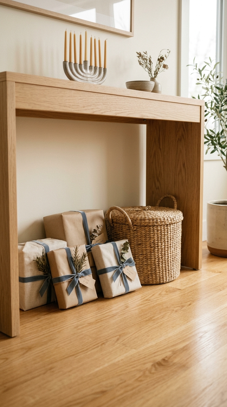 Hanukkah gifts tied with blue ribbons and a lidded woven storage basket tucked neatly under a light wood console table