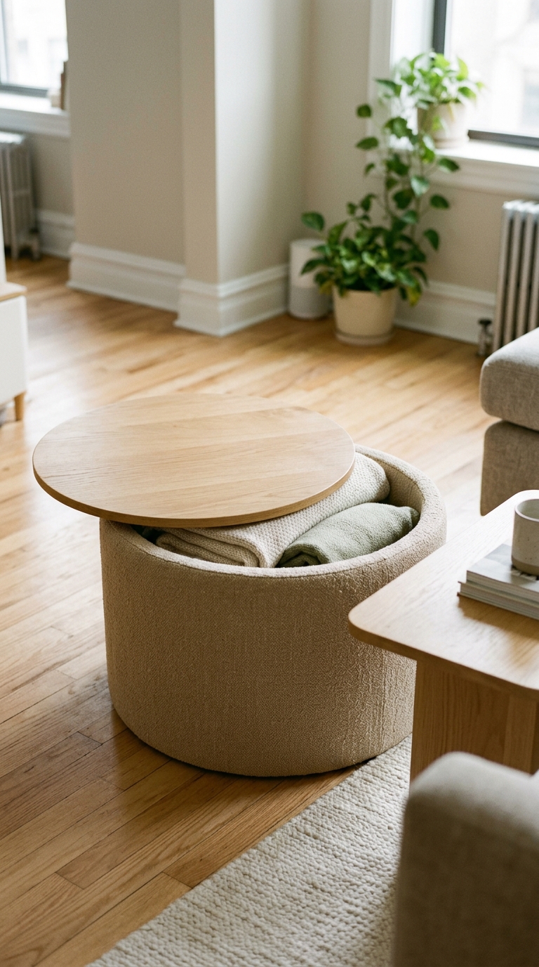 Round upholstered storage ottoman with lid slightly open showing neatly folded blankets inside.
