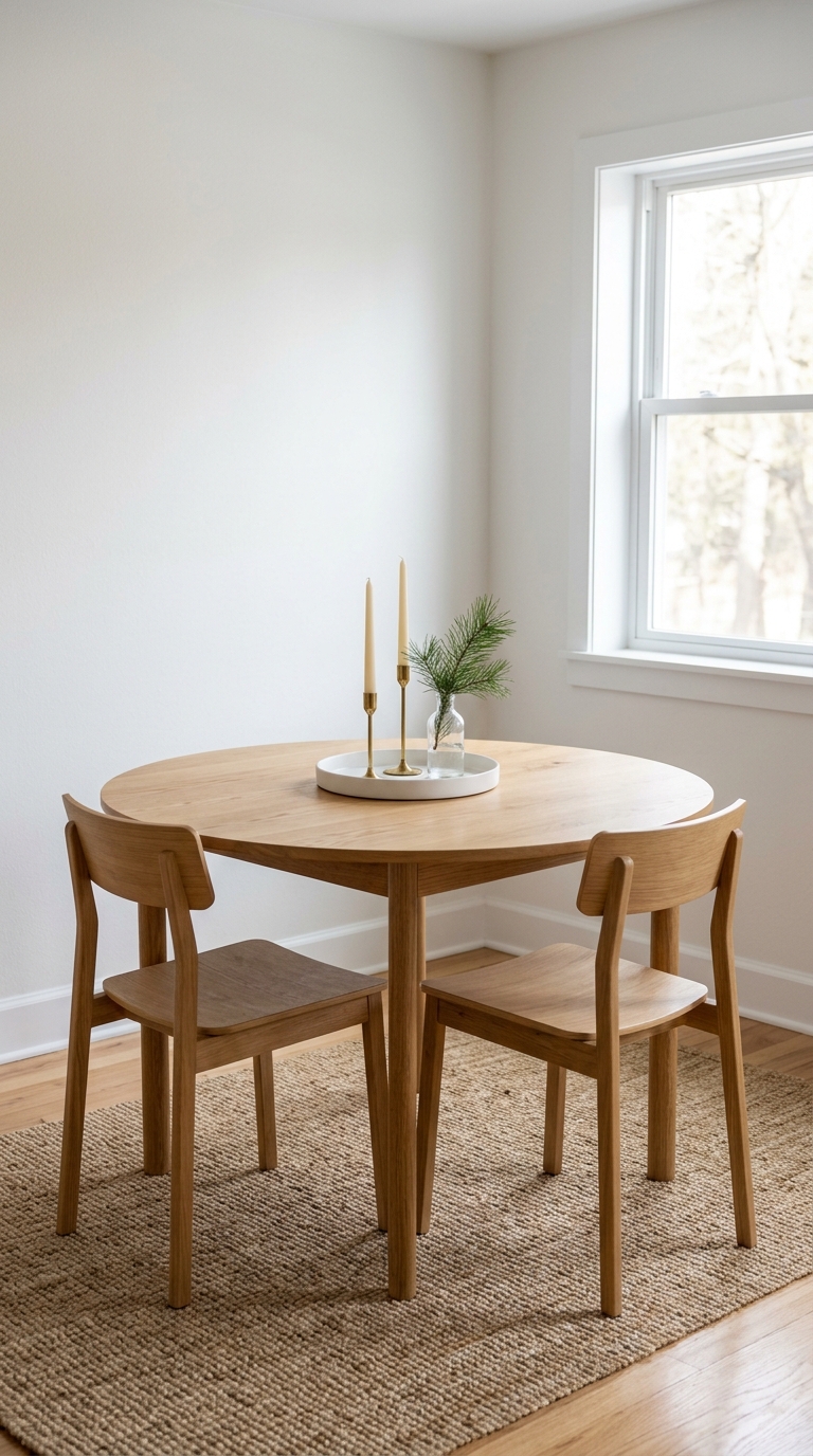 Small round wooden dining table styled with a contained holiday centerpiece tray and chairs in a bright apartment nook.
