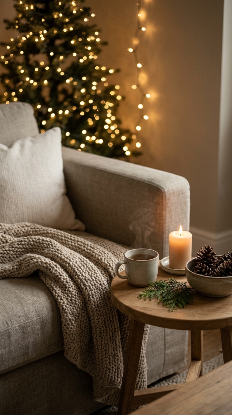 Neutral sofa draped with a chunky knit blanket beside warm ambient holiday string lights and a candle.