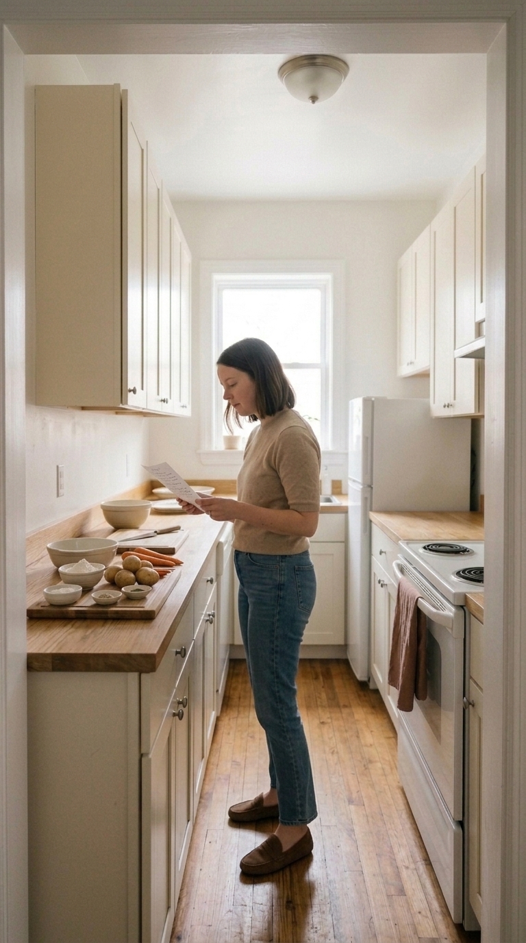 A woman checking a handwritten recipe sheet next to early prep ingredients like potatoes, carrots, and empty serving dishes on a light-oak counter in a small galley kitchen.