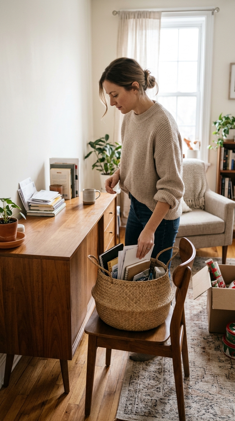 Woman clearing surface clutter to prepare for Christmas in her small home.