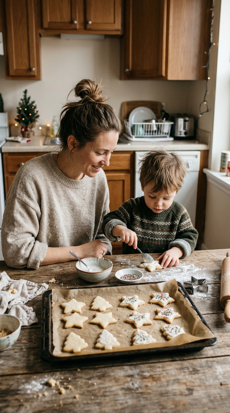 Mother and young child decorating homemade Christmas cookies together at a wooden kitchen table.