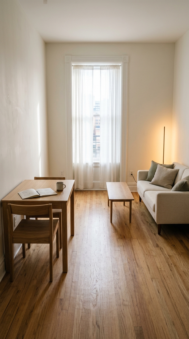 Clear living room and dining area floor plan showing open walkways in a small apartment