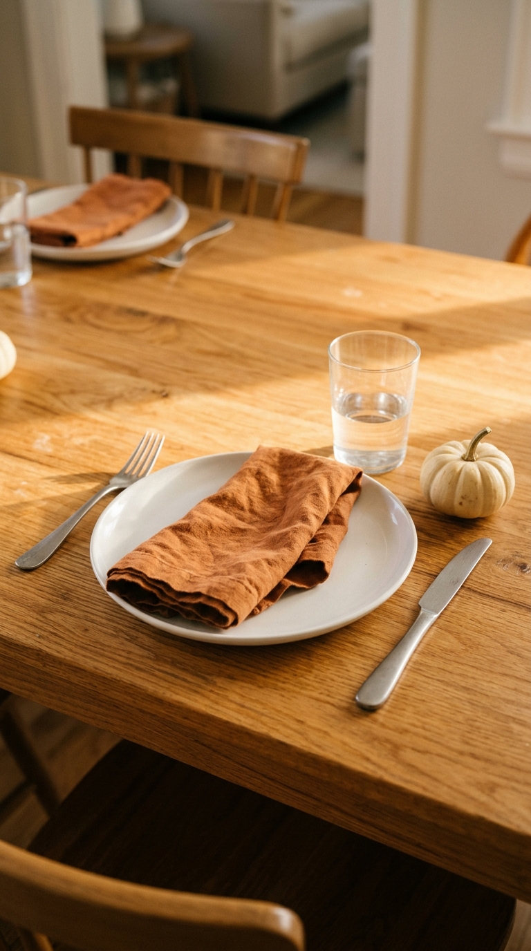 An everyday white ceramic dinner plate and clear drinking tumbler set directly on a bare wooden surface.