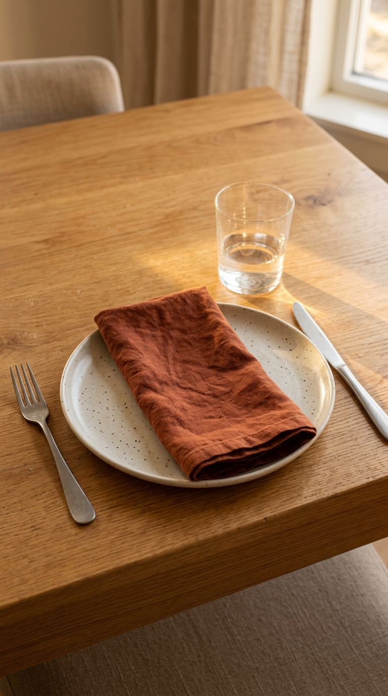 A textured rust linen cloth napkin folded flat over a speckled white ceramic plate.