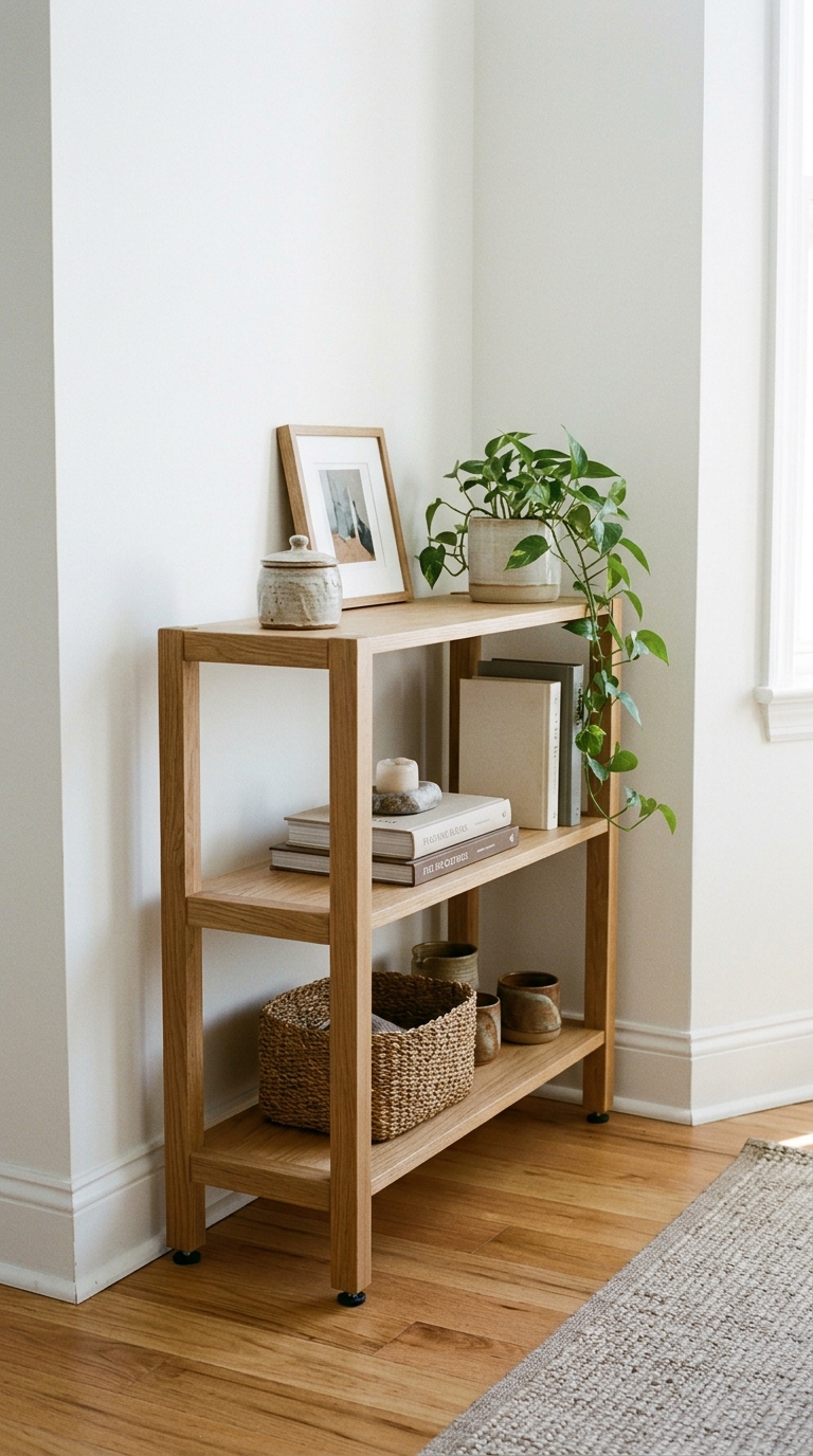 Low-profile freestanding oak shelving considered during Black Friday home deals styled against an undamaged rental wall.