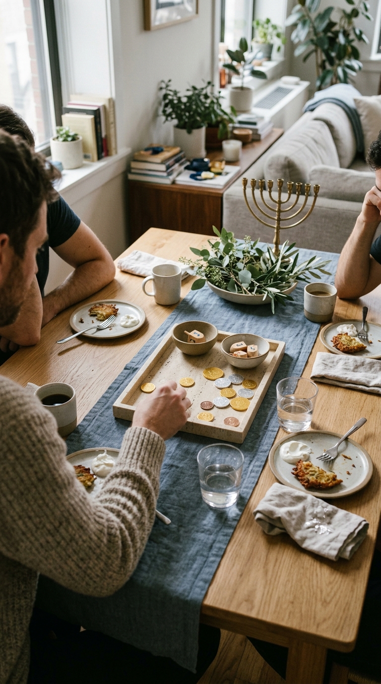 A small dining table styled with simple Hanukkah decorating ideas, using a narrow runner and a removable centerpiece tray