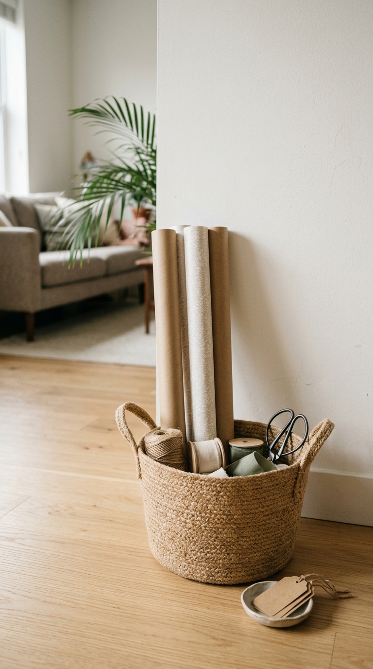 Woven basket with kraft wrapping paper rolls and scissors organized in a small room