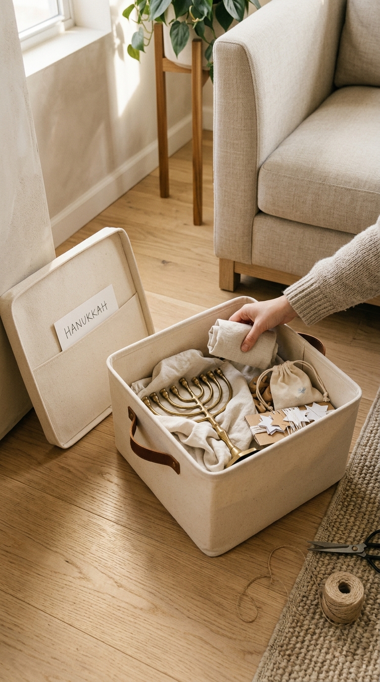 A woman packing away a wrapped brass menorah and holiday items into a canvas storage box on a wooden apartment floor