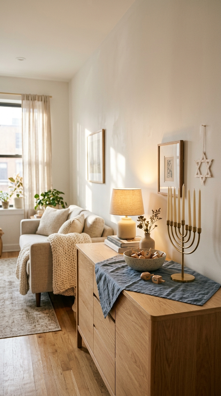 Warm modern small apartment living room decorated for Hanukkah with a light wood credenza, subtle blue runner, and minimal holiday accents