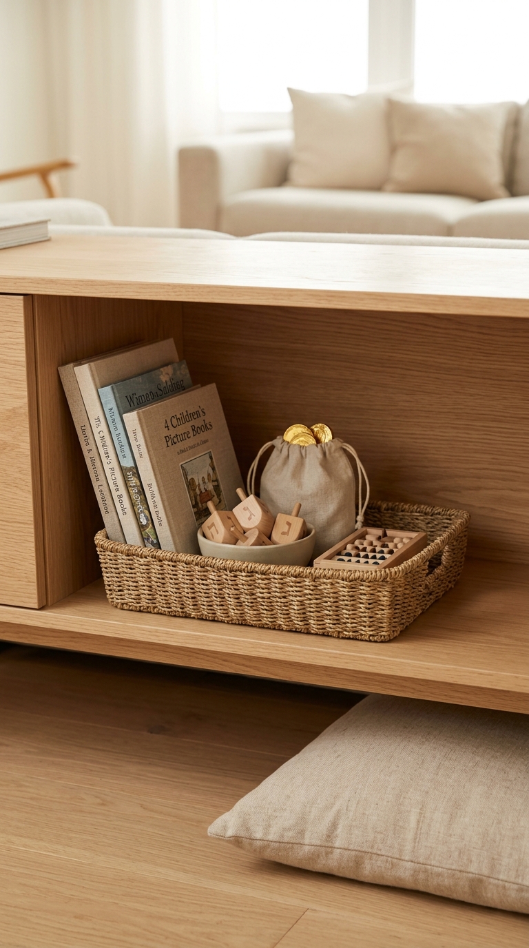 A portable holiday activity basket tucked on a shelf, showing practical Hanukkah ideas for small spaces