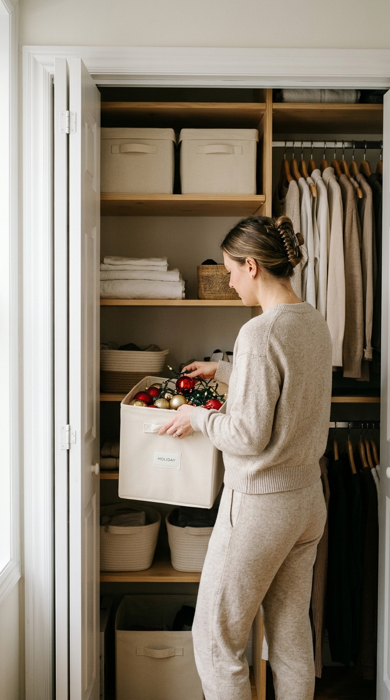 Woman organizing seasonal holiday decor into neat storage bins on an apartment closet shelf.