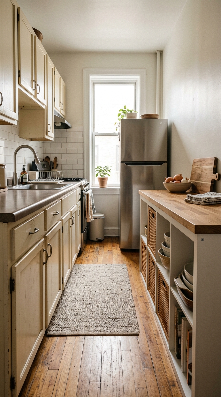 Horizontal white IKEA KALLAX placed flush against a wall for extra counter space in a galley kitchen