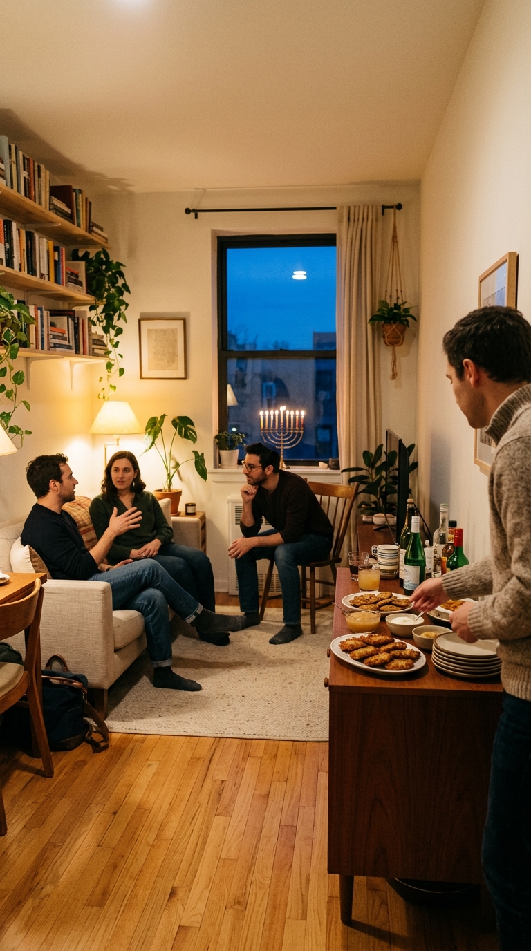 Friends and family gathered in a cozy small apartment living room during Hanukkah, enjoying self-serve food on a credenza