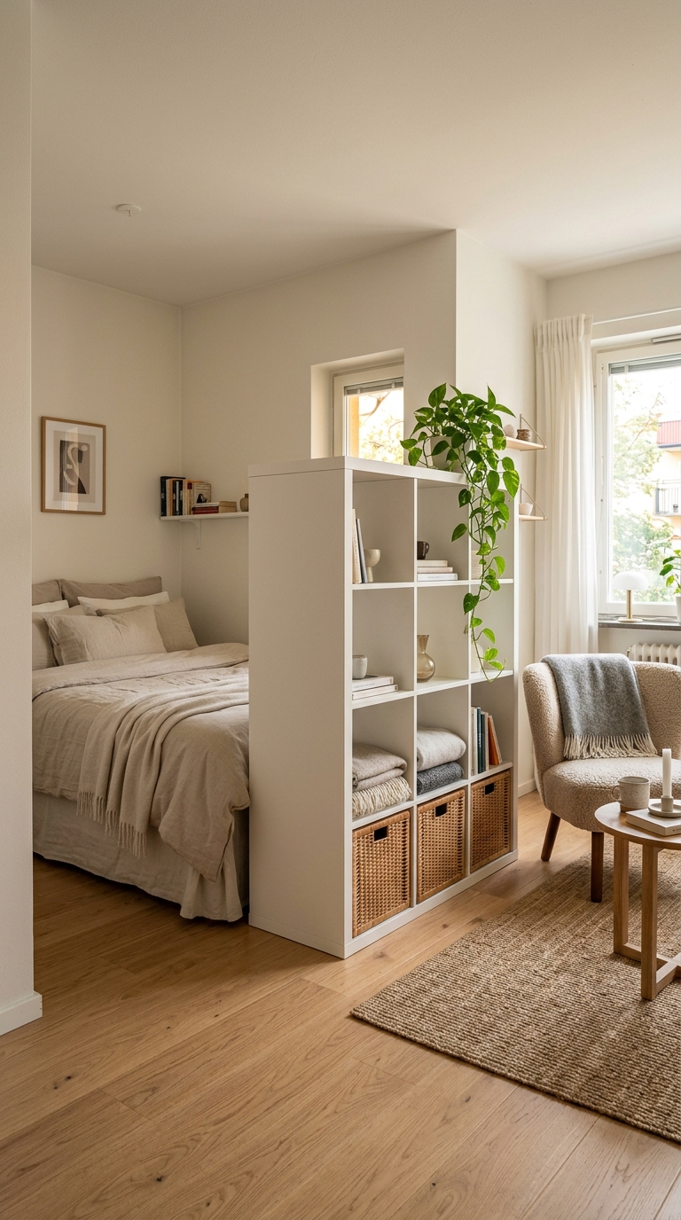 White IKEA cube shelving unit used as a room divider between a cozy studio bed and an armchair living area.