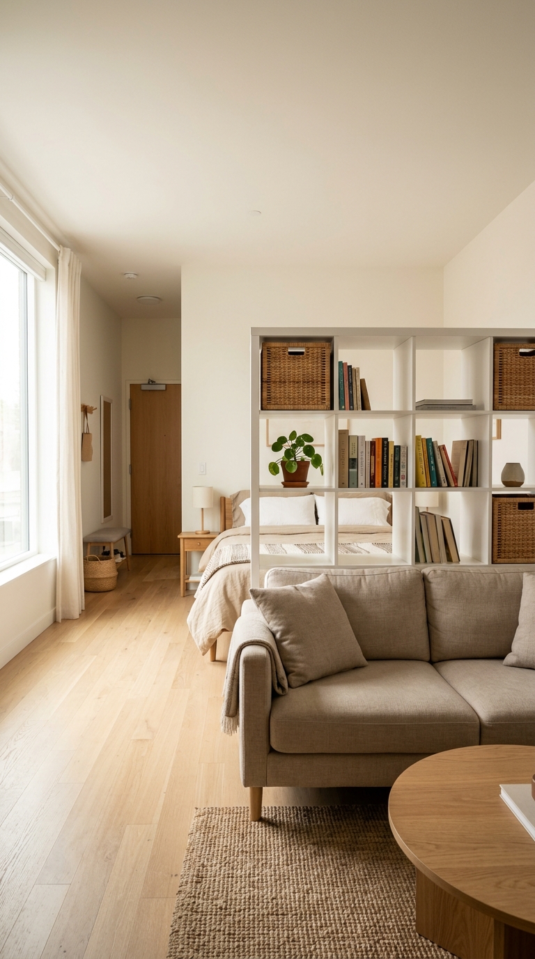 White modular shelving unit positioned behind a neutral couch to divide a living area from a bed.