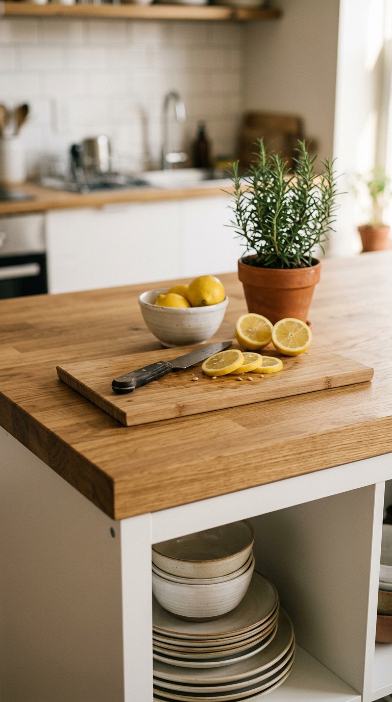 Flat wooden cutting board with sliced lemons, knife, and potted herb on an oak butcher block counter over a white IKEA KALLAX