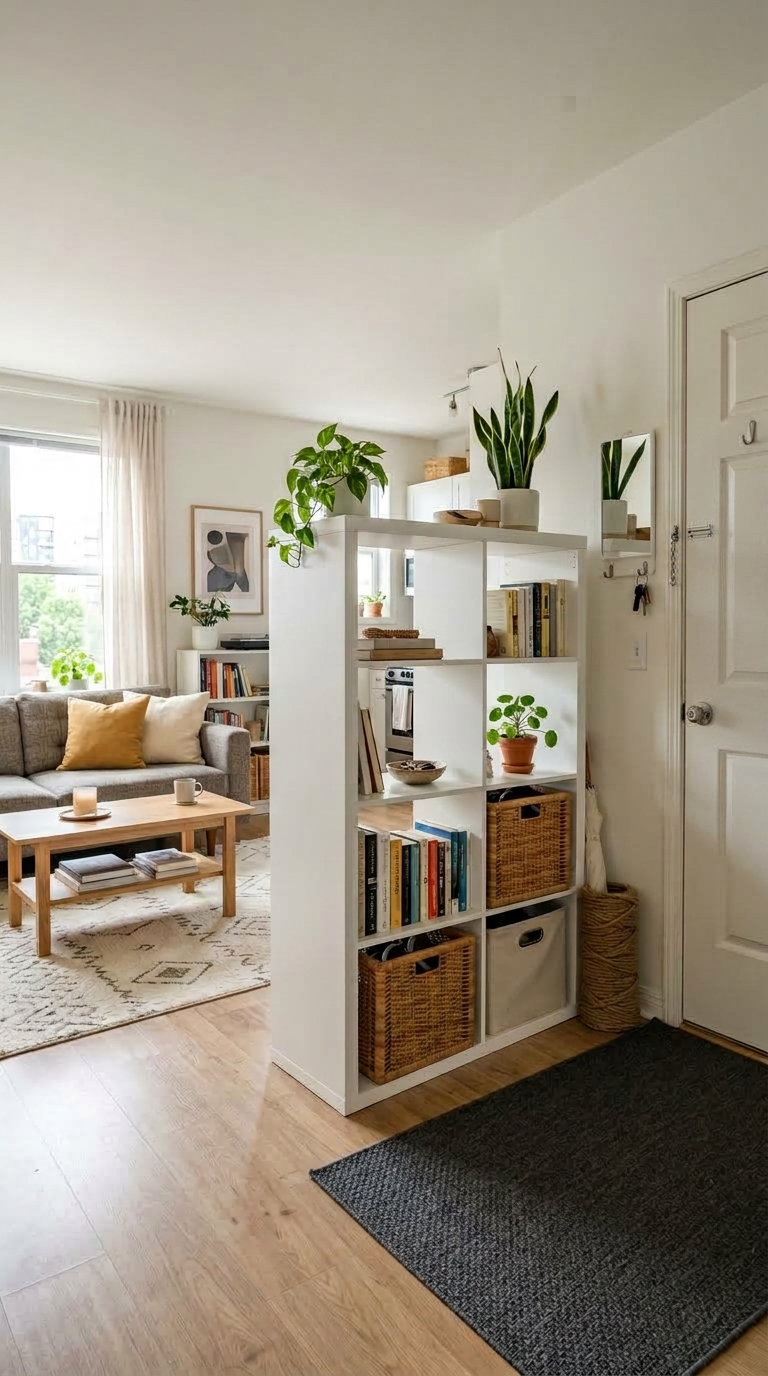 White IKEA KALLAX cube organizer creating a functional entryway landing zone while separating the front door from the living room.