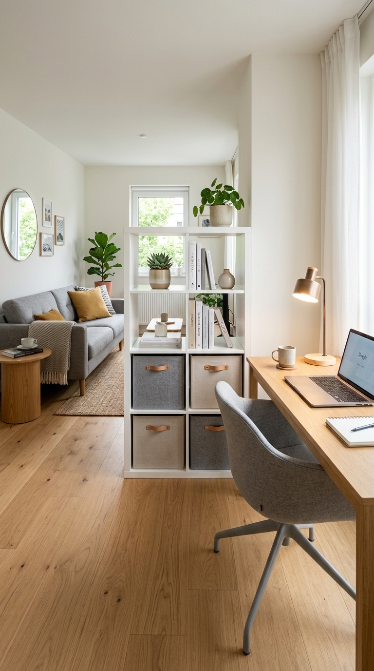 White IKEA KALLAX cube organizer dividing a small home office desk setup from the living room.