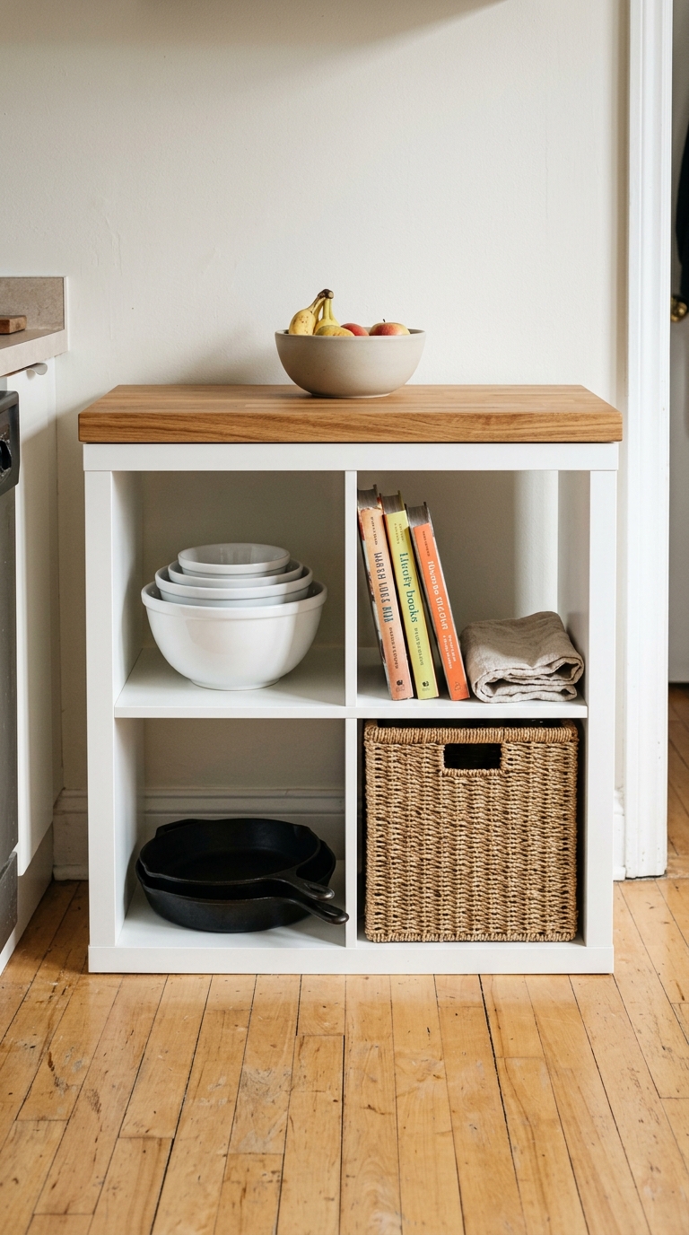 White 2x2 IKEA KALLAX with an oak butcher block top organized with cast iron cookware, mixing bowls, cookbooks, and a woven basket