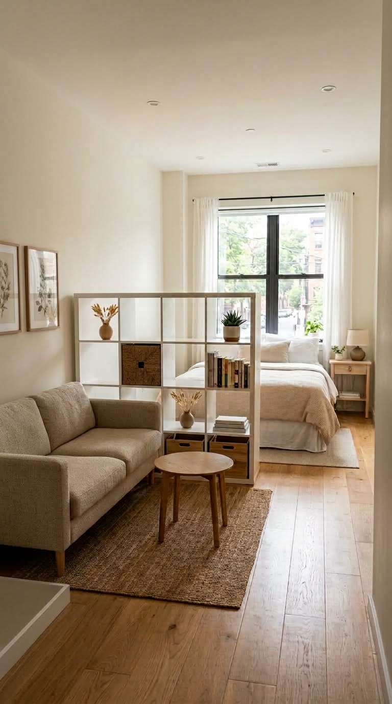 A wide interior view of a long studio apartment using modular cube shelving to separate a living area in the foreground from a bedroom in the background, with an open walking path.