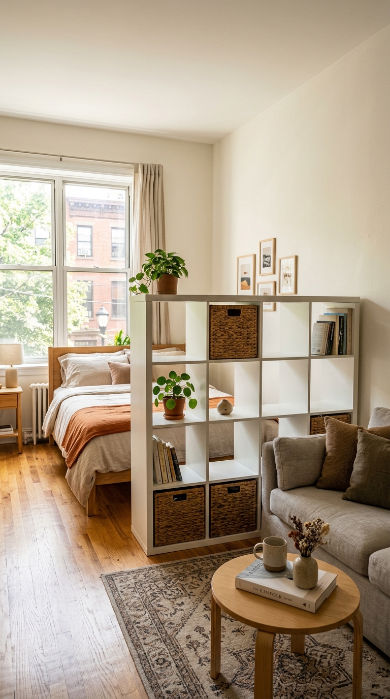 White IKEA KALLAX cube organizer acting as a room divider with intentionally empty upper cubbies letting daylight pass through in a modern studio apartment.