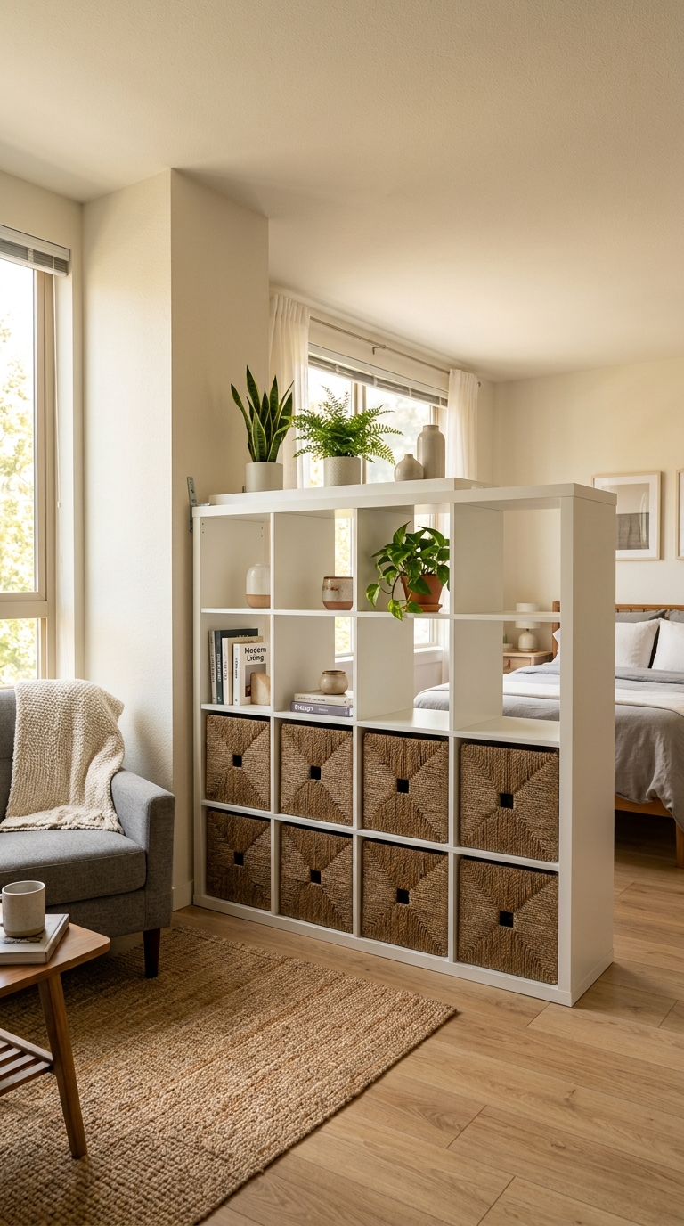 Cube shelving room divider anchored against a wall with heavy storage baskets along the bottom base and light decor on top.