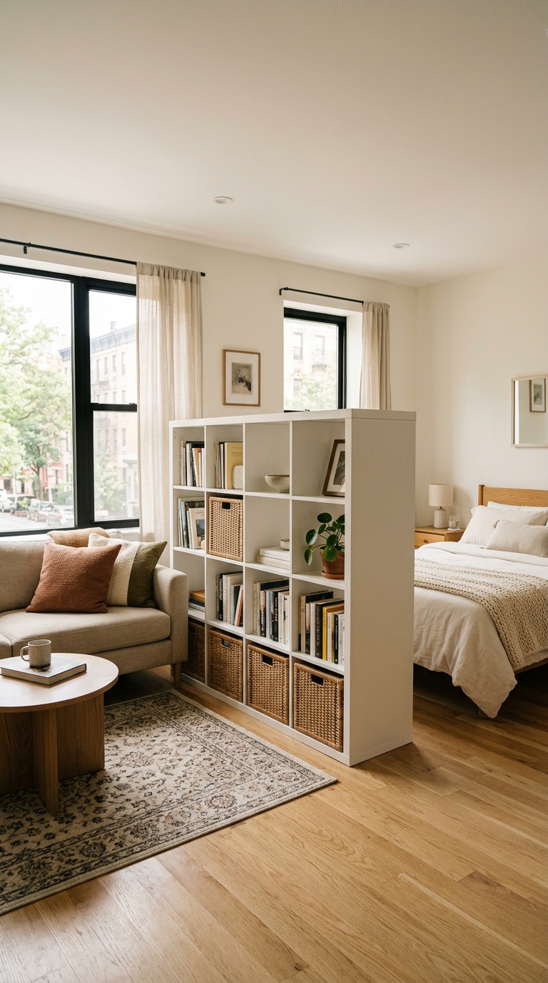 White IKEA KALLAX cube bookshelf used as an open room divider between a bed and living room sofa in a small studio apartment.