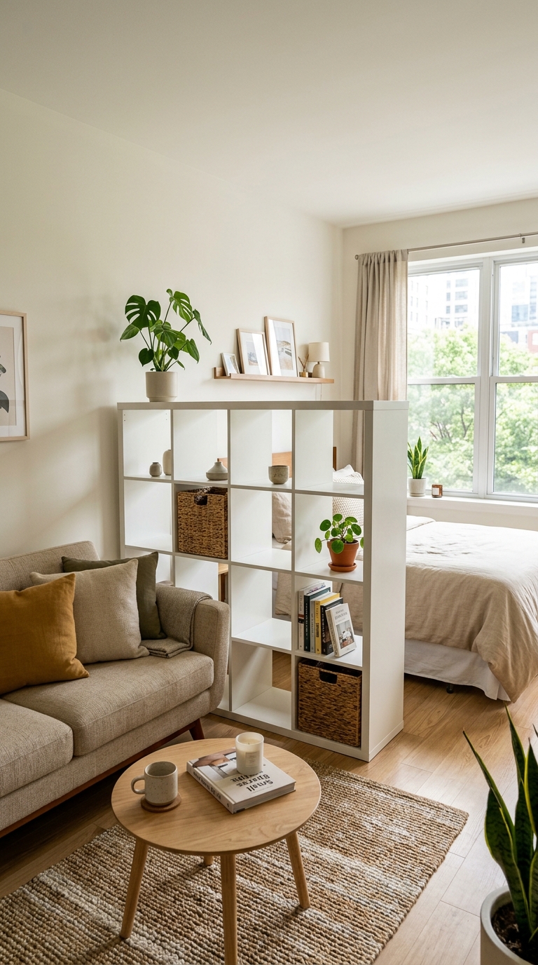 IKEA KALLAX open cube shelf creating visual zoning between a studio apartment bed and living room sofa.