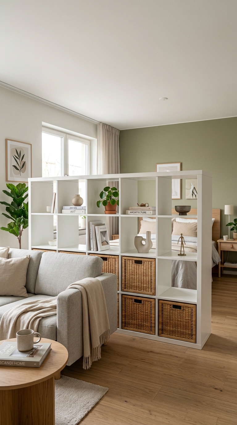 White cube shelving unit styled with woven storage baskets on lower tiers and minimalist decor on top between a living space and bed.