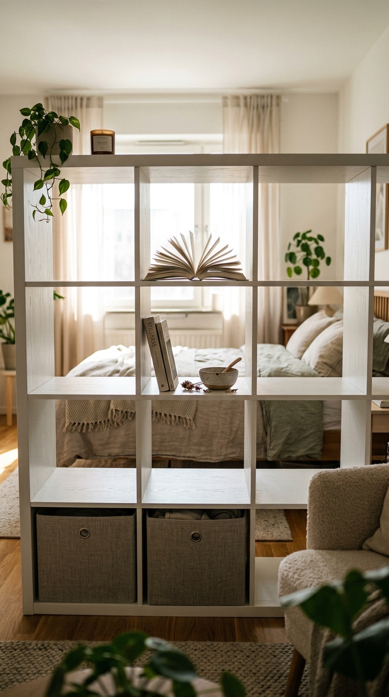 Looking through an open IKEA KALLAX cube shelf at a studio bed, demonstrating visual zoning instead of complete privacy.