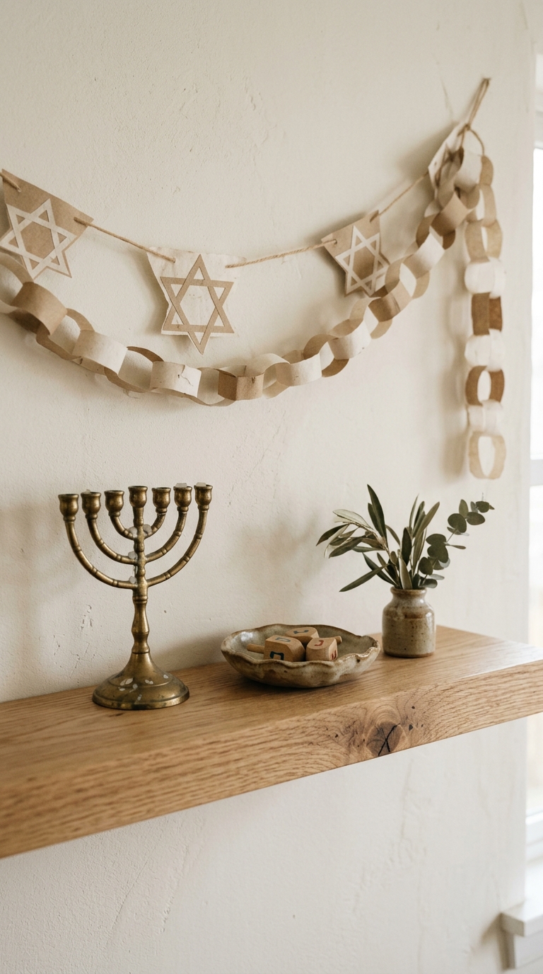 A rustic wood shelf decorated for Hanukkah with a vintage brass menorah, handmade paper star and chain garlands, and a stoneware dish with wooden dreidels
