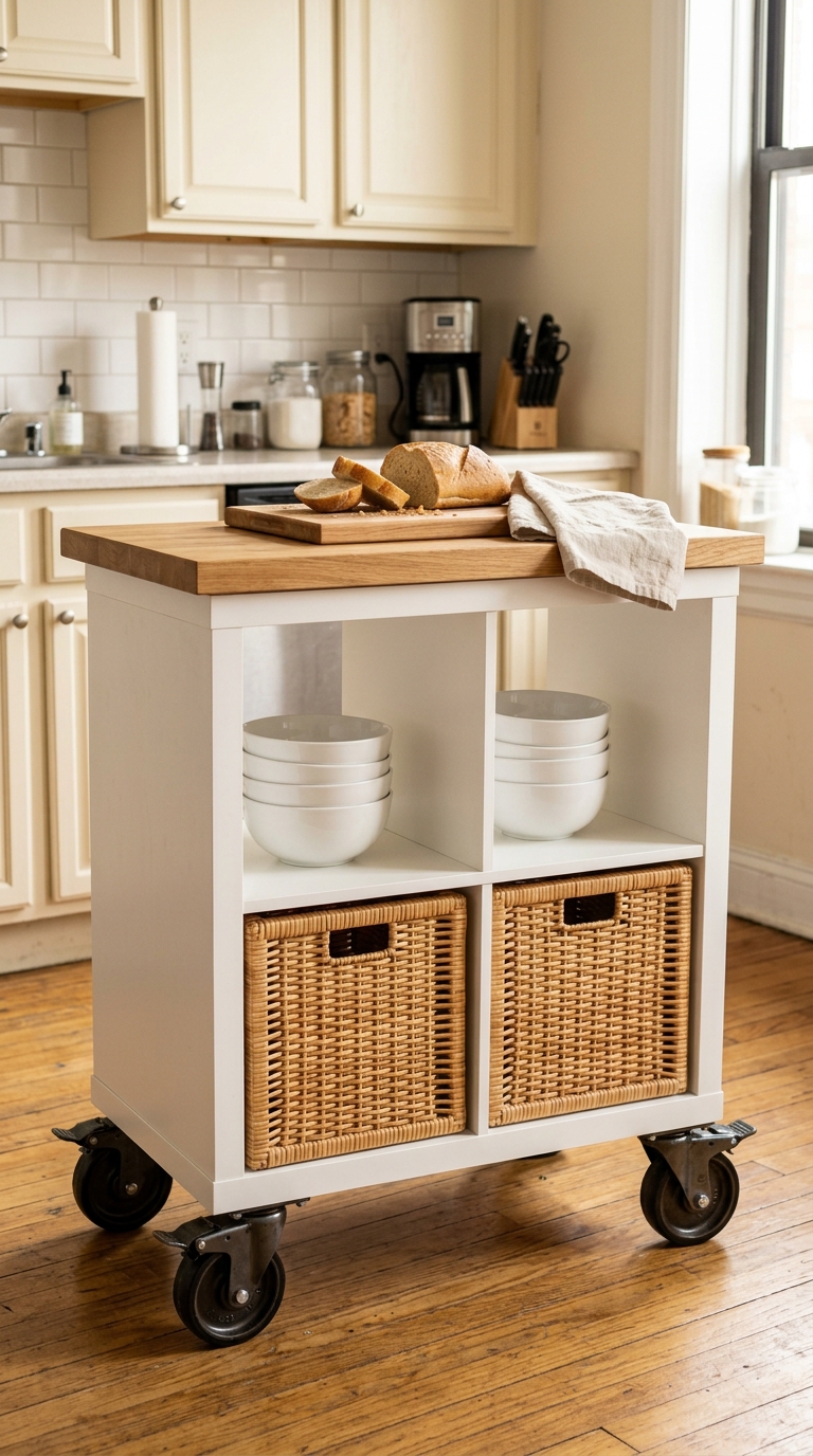 White 2x2 IKEA KALLAX with an oak butcher block top on heavy duty caster wheels used as a rolling kitchen cart