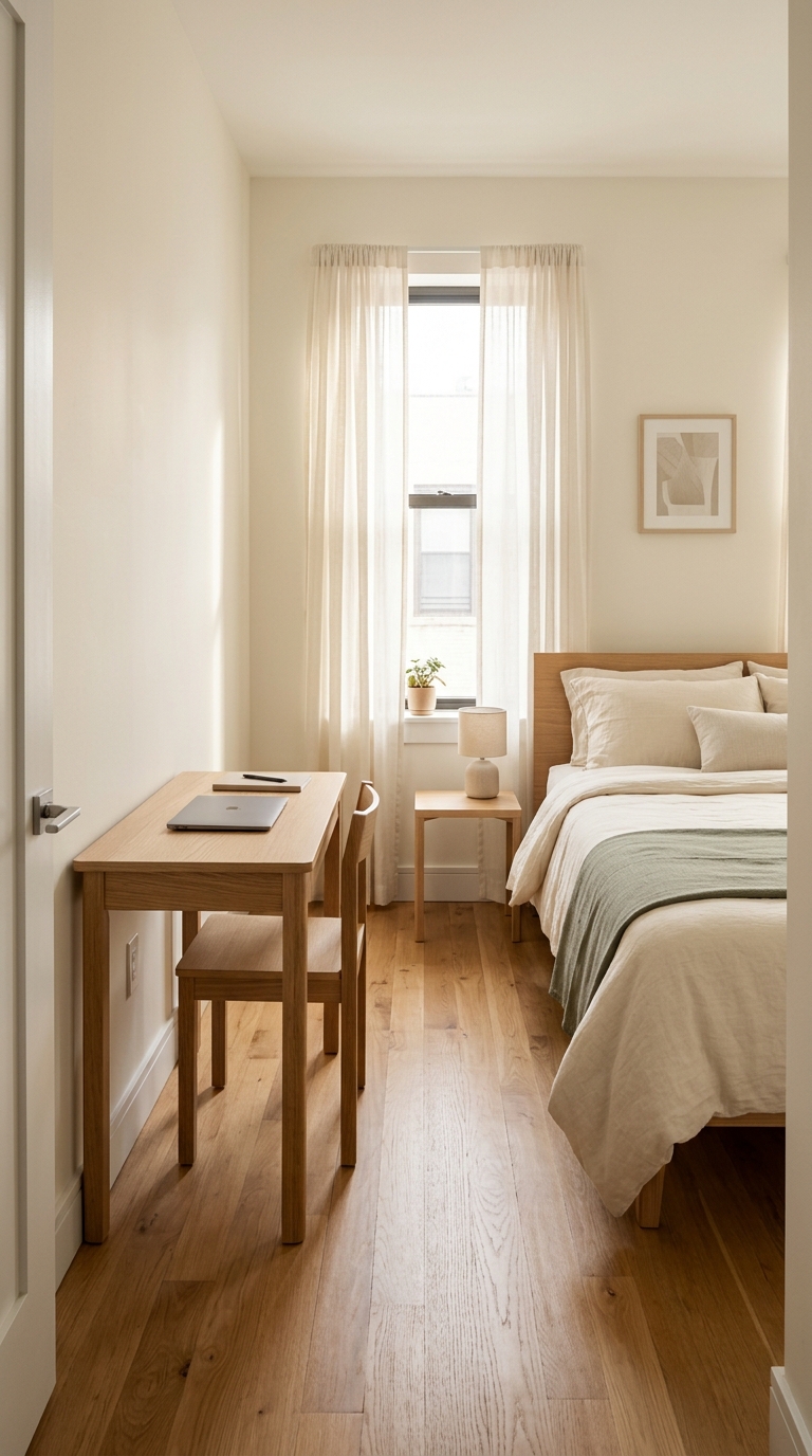 A compact multipurpose guest bedroom featuring a tidy wooden work desk on one side and a neatly prepared bed on the other.