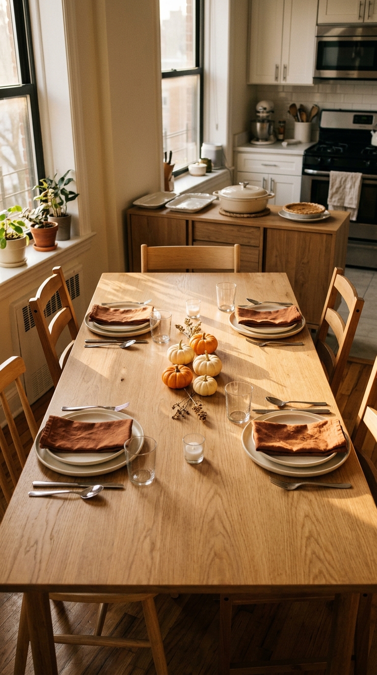 Narrow rectangular dining table set for Thanksgiving with plates along the sides and a low, slim center arrangement.